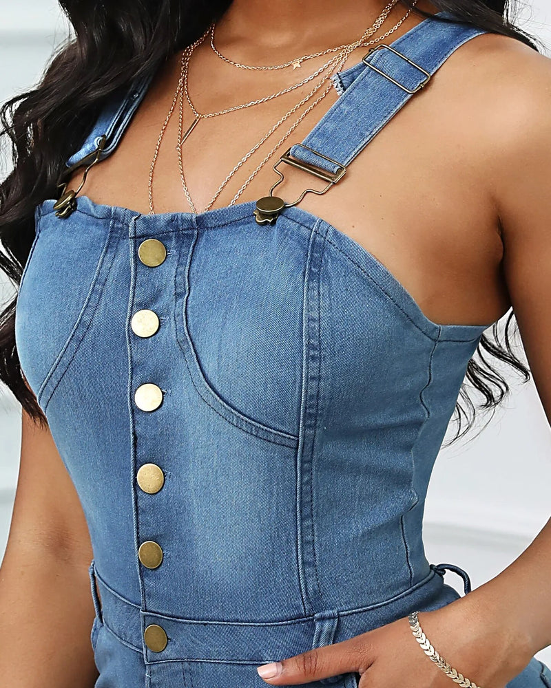 Thin Strap Buttoned Casual Denim Romper